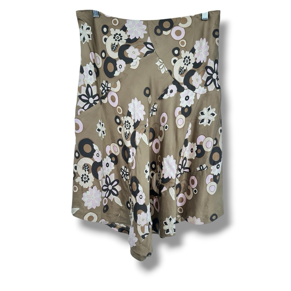 Y2K Banana Republic Silk Satin Skirt 8P Brown Floral Boho Mod Retro Art